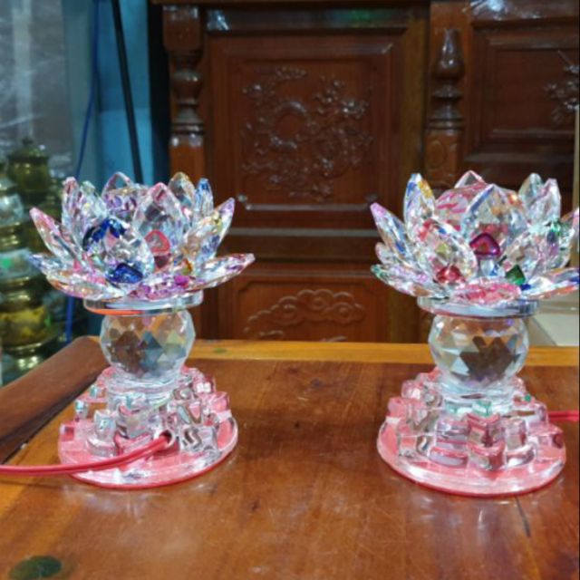 [ cặp Đôi] đèn thờ cúng pha lê hoa sen