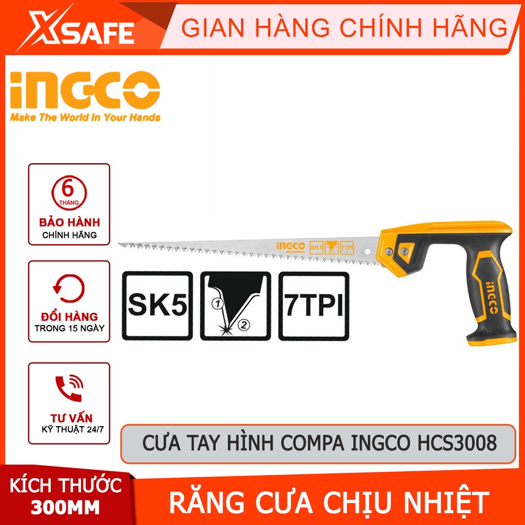 Cưa tay hình compa INGCO HCS3008 Cưa tay size 12&quot;/300mm, chất liệu Taiwan SK5, 7 răng cưa/inch, răng cưa chịu nhiệt tốt