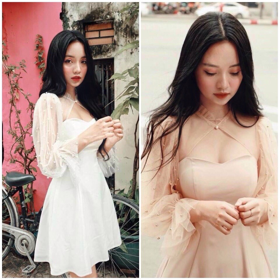 Laga Dress - Đầm nữ dự tiệc tay phồng phối lưới đính hạt lấp lánh kiêu sa ( có mút ngực ) - cece house