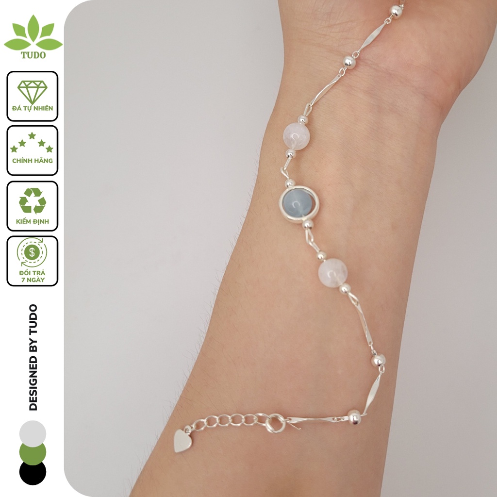 C33 Vòng charm bạc TUDO 3 hạt hải dương Aquamarine xanh mix mặt trăng moonstone trắng ánh xanh freesize - nữ mệnh Thủy
