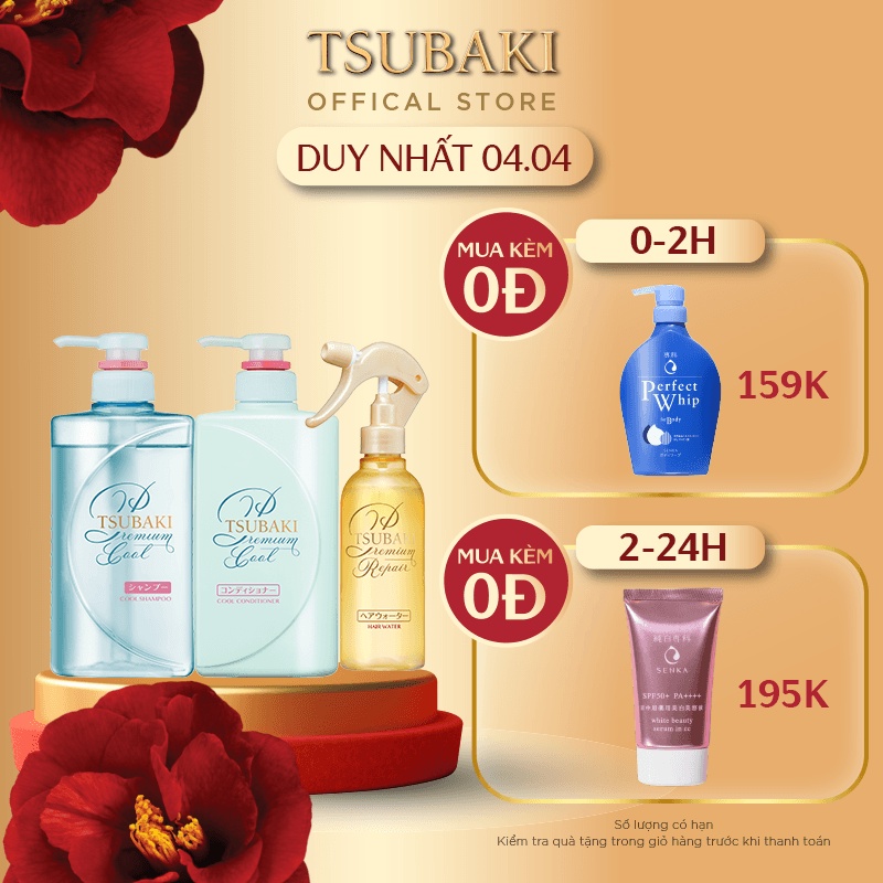 Bộ đôi gội xả Sạch Dầu Mát Lạnh Tsubaki Premium Cool Set (490ml/chai)và Xịt Dưỡng Tóc 220ml/chai