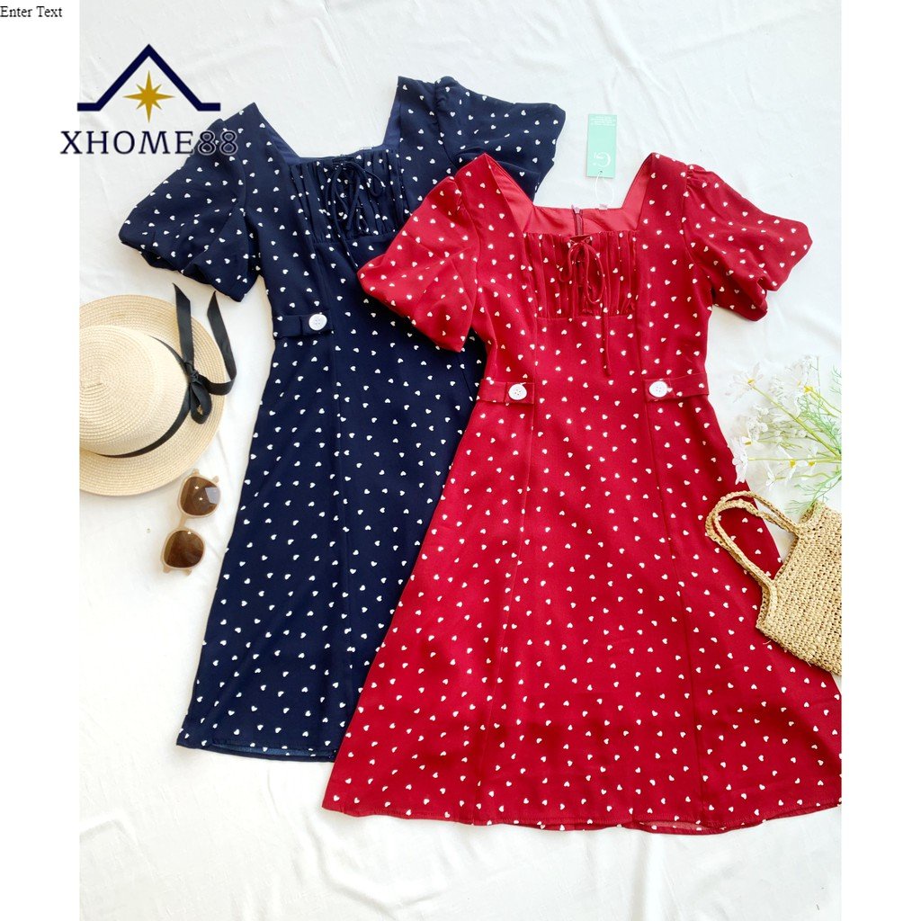 Váy thiết kế chấm bi tay bồng xanh/đỏ phù hợp đi chơi, đi làm form hàng thiết kế cực chuẩn