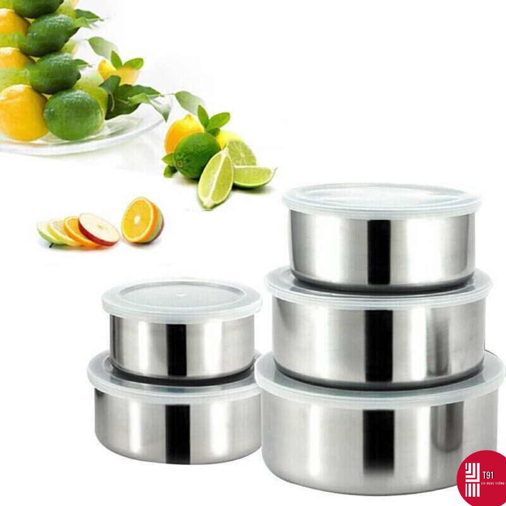 Set 5 Bát Có Nắp Đậy Silicon Bảo Về Thực Phẩm Chất Liệu Inox