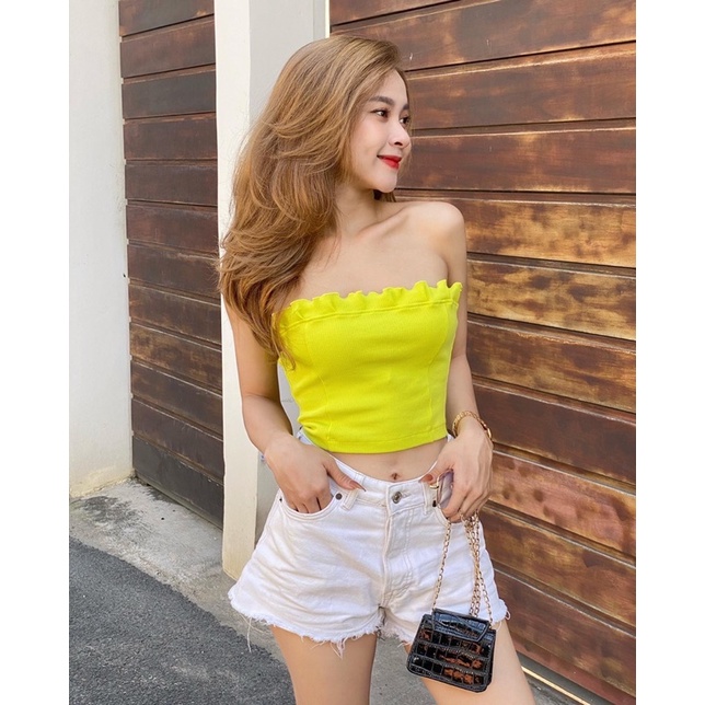 Áo ống croptop tube top quay thun gân co giãn màu vàng chanh rực rỡ