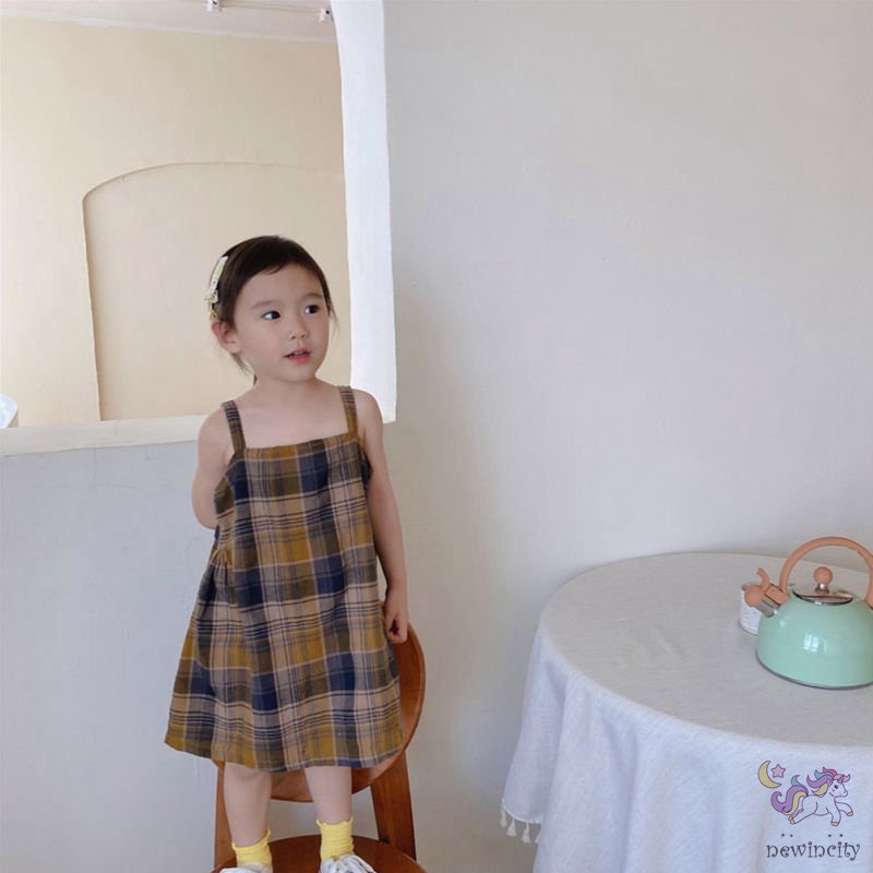 Đầm Sát Nách Kẻ Sọc Caro Phong Cách Hàn Quốc Cho Bé Gái