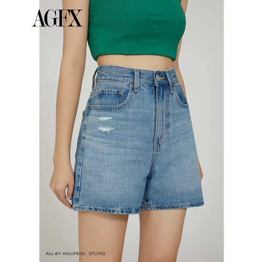 Quần short jean nữ BigSize lưng cao, co dãn mạnh, màu xanh nhạt Rách, phom rộng 4326 cho người mập 60kg 70kg 80kg 90kg
