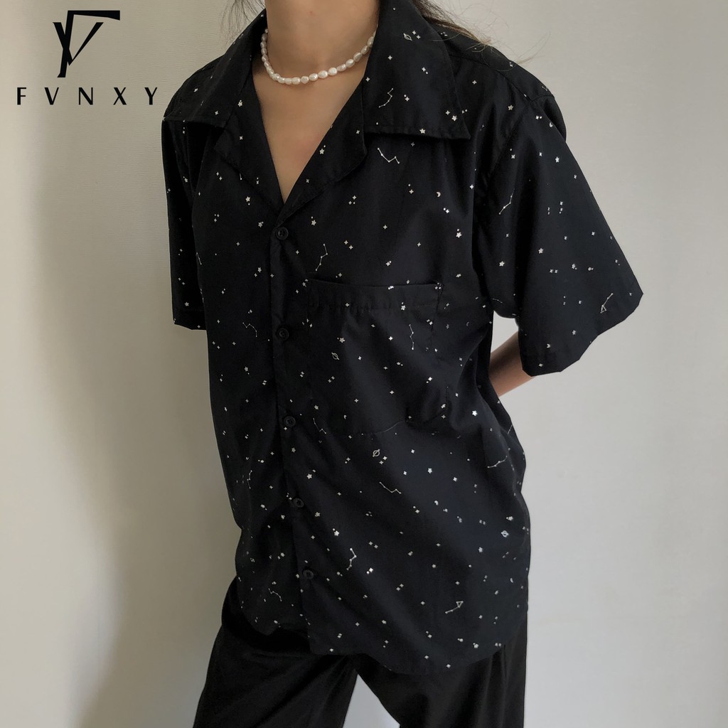 Áo Sơ Mi Ngắn Tay Unisex Form rộng FVNXY Hoạ tiết Ngôi Sao (Chất liệu Pho mịn mát đứng phom dáng) | BigBuy360 - bigbuy360.vn