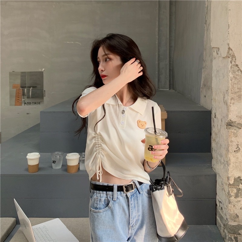 Áo Croptop Nữ Polo Dây Rút Cách Điệu - Thêu Hình Gấu Cute