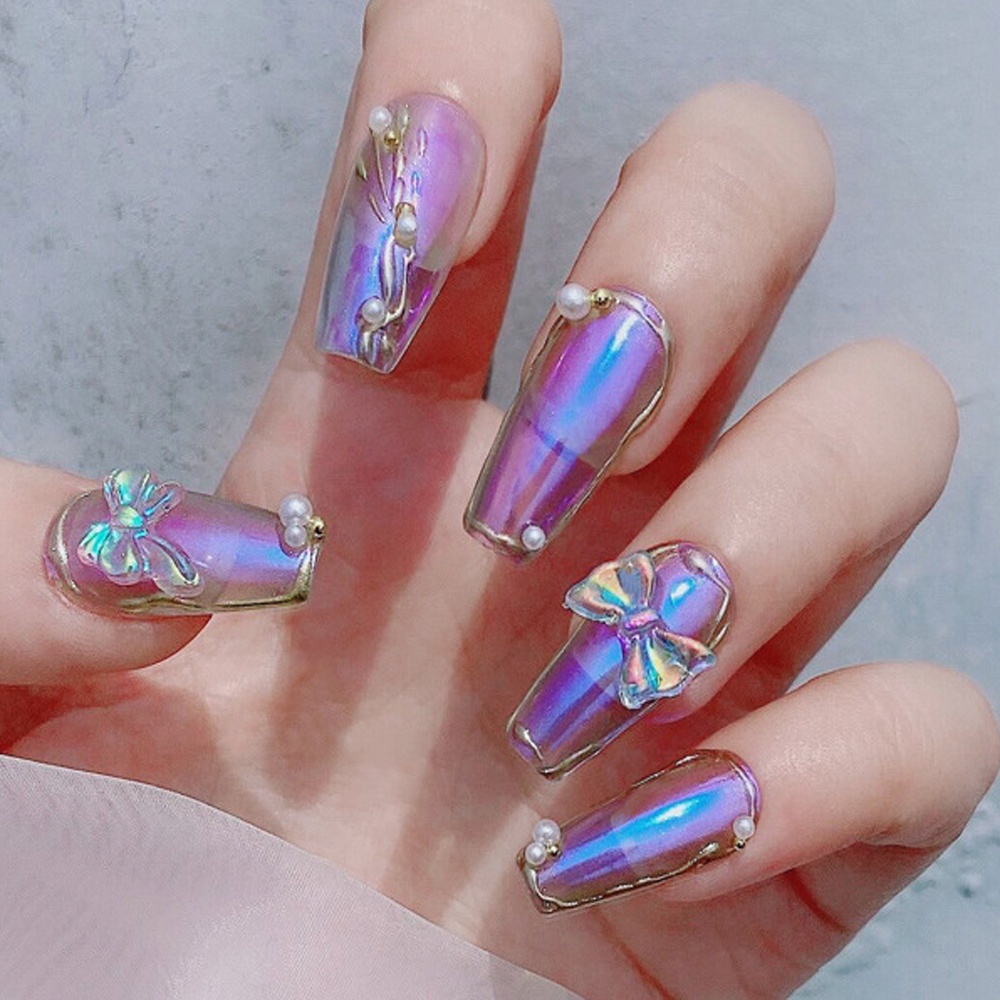 [Hàng mới về] Phụ kiện nơ 3D lấp lánh màu cực quang tinh xảo trang trí móng thời trang