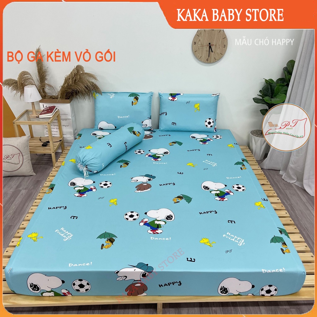 Bộ ga chống thấm cho bé kèm vỏ gối cao cấp, drap chống thấm PT chính hãng bé tè lau là sạch (mẫu chó happy)
