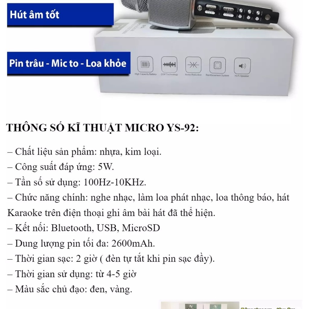 [Mã ELHACE giảm 4% đơn 300K] Micro Karaoke Bluetooth YS-92 Không Dây Mic Livestream Kết Nối Không Dây Hỗ Trợ Ghi Âm