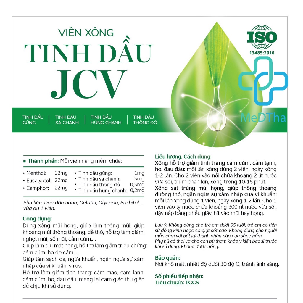 Viên Xông Tinh Dầu JCV - Xông Mũi Họng, Vệ Sinh Mũi, Nghẹt Mũi, Ho, Đau Đầu (Hộp 20 Viên) [Chính Hãng]