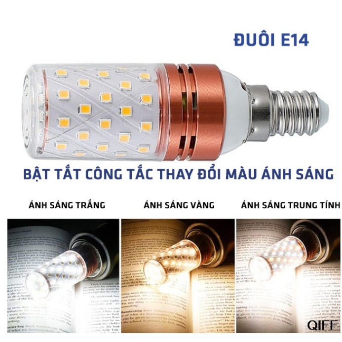 Bóng đèn led trái bắp 3 chế độ (trắng, vàng, trung tính) 12w tiết kiệm điện đuôi E14, E27