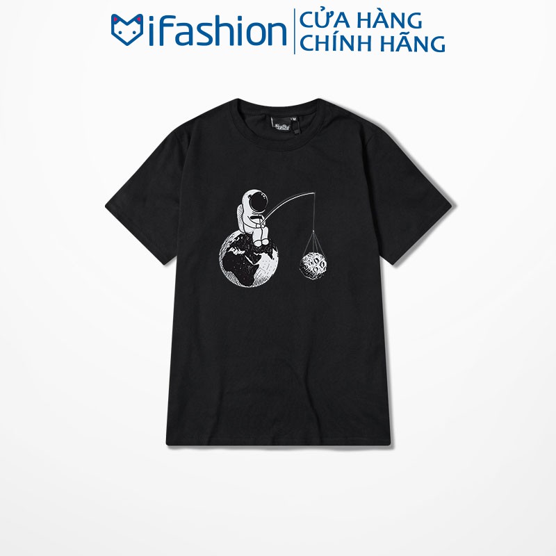 Áo thun tay lỡ iFashion 100% cotton dáng unisex form rộng in hình phi hành gia đi câu M017