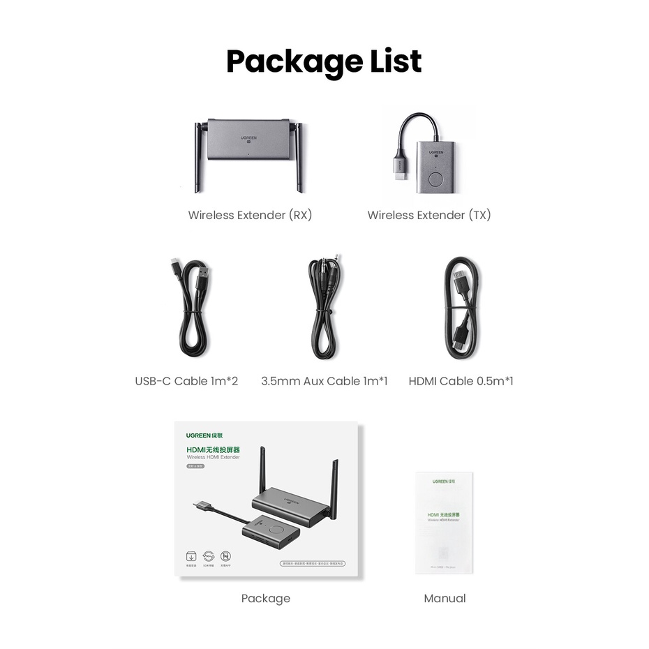 Bộ phát nhận tín hiệu HDMI+VGA không dây 50m Ugreen 50633 CM506 ( dòng Mới, phiên bản quốc tế - 50633A) Chính Hãng