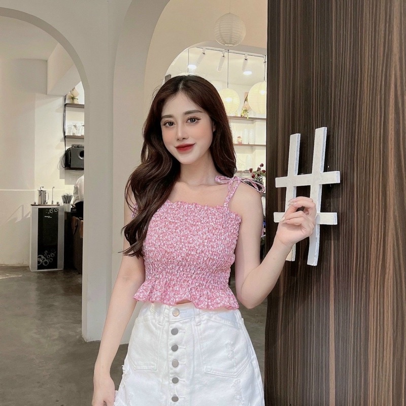 Áo Croptop Ống Hai Dây Vải Voan Hoa Nhí Nhún Xếp Ly A90- 328 -3M