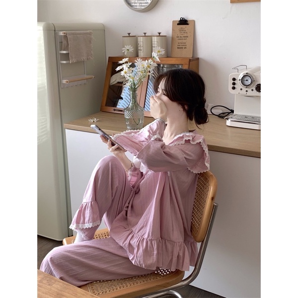 New SET BỘ MẶC NHÀ TIỂU THƯ DÀI TAY HỒNG PHỐI REN TRẮNG rẻ nhất shopee
