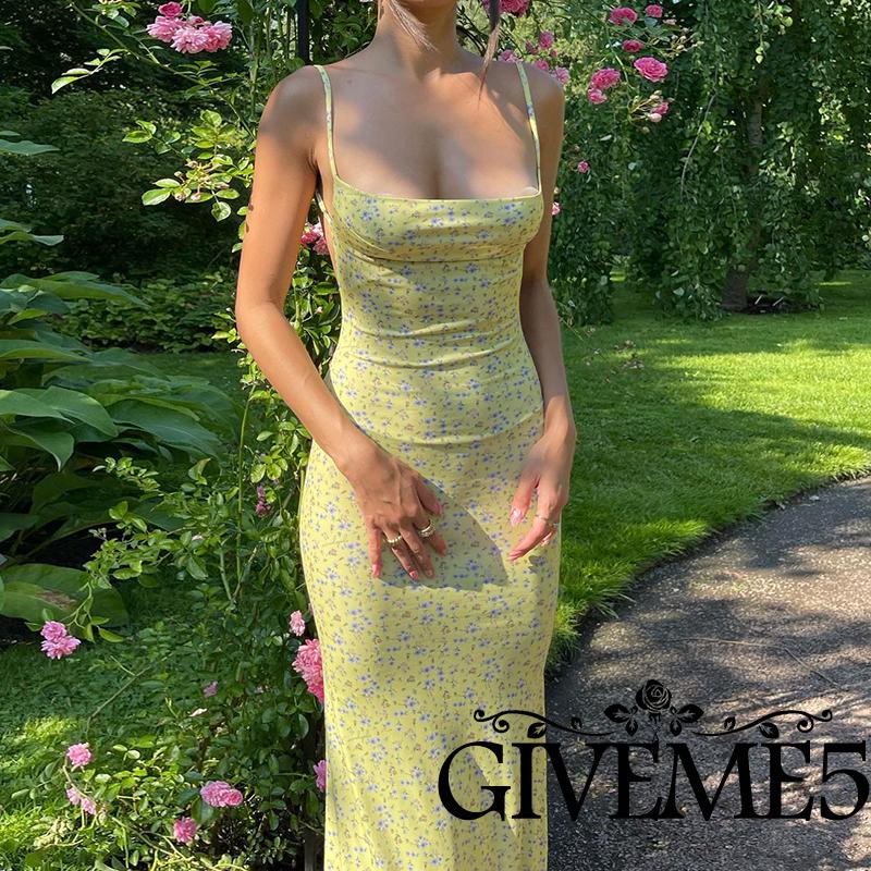 Đầm Dài Hai Dây Ôm Dáng Hở Lưng In Họa Tiết Hoa Dành Cho Nữ