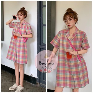 [Ảnh thật] Đầm sơ mi hồng caro cổ vest phối nút ulzzang