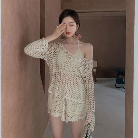 Set Ren Bikini Đi Biển 2 Mảnh Áo Choàng Len Móc Tay Dài Cổ Tròn Kiểu 12 | Smide Clothing