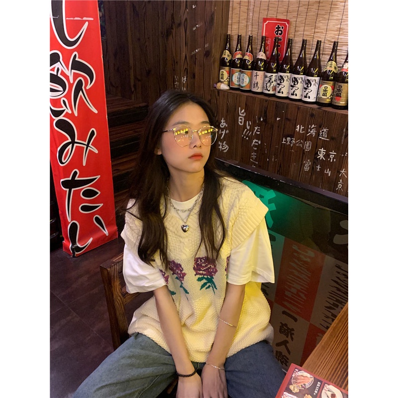 Áo len không tay cổ chữ V họa tiết hoa hồng phong cách Hàn Quốc cổ điển cho nữ sinh