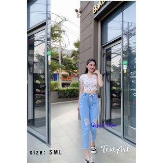 Quần jean baggy nữ mẫu rách lưng thun dáng suông lai tua