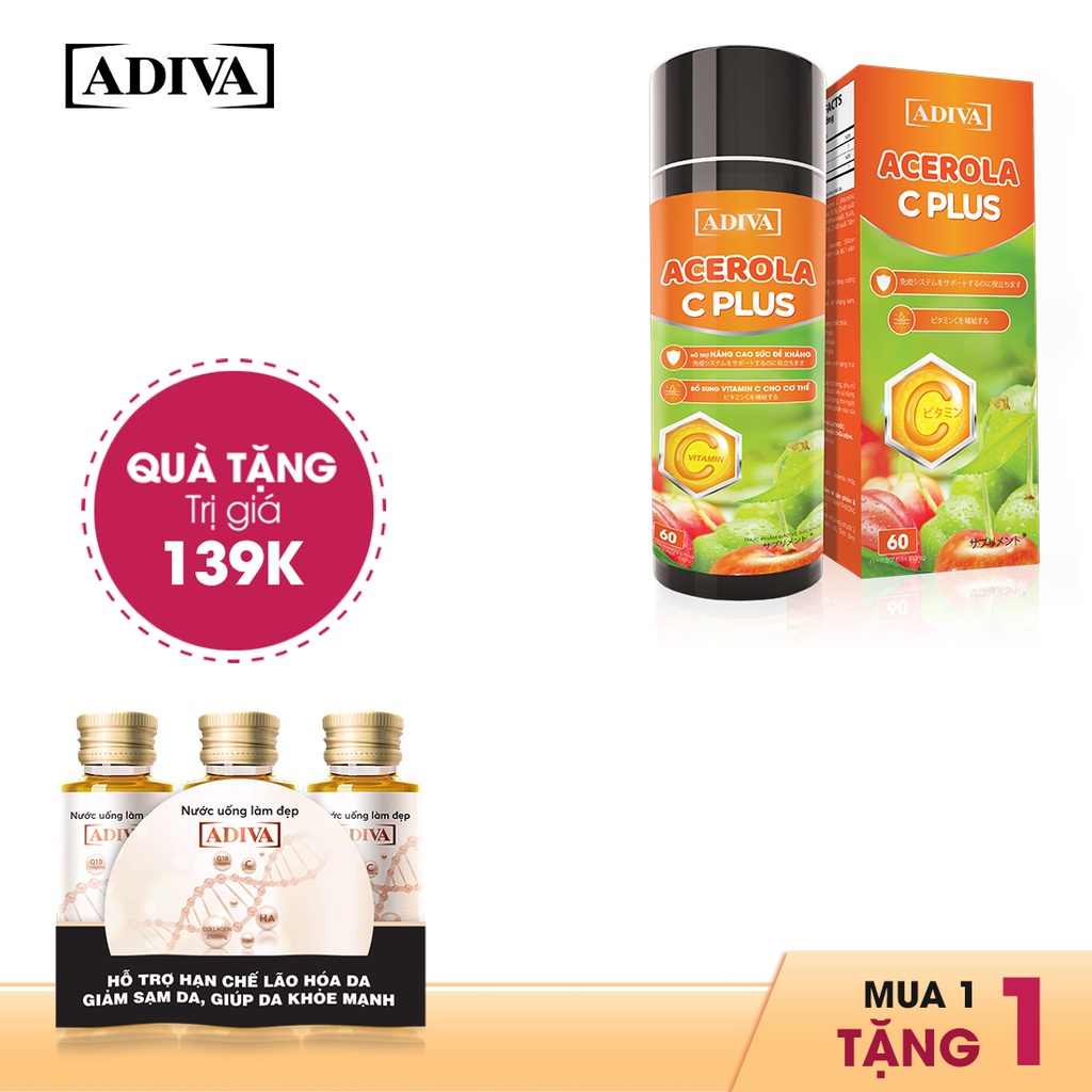 1 Hộp Uống Bổ Sung Vitamin C ADIVA Acerola C Plus 60 viên Tặng 3 Lọ Collagen ADIVA