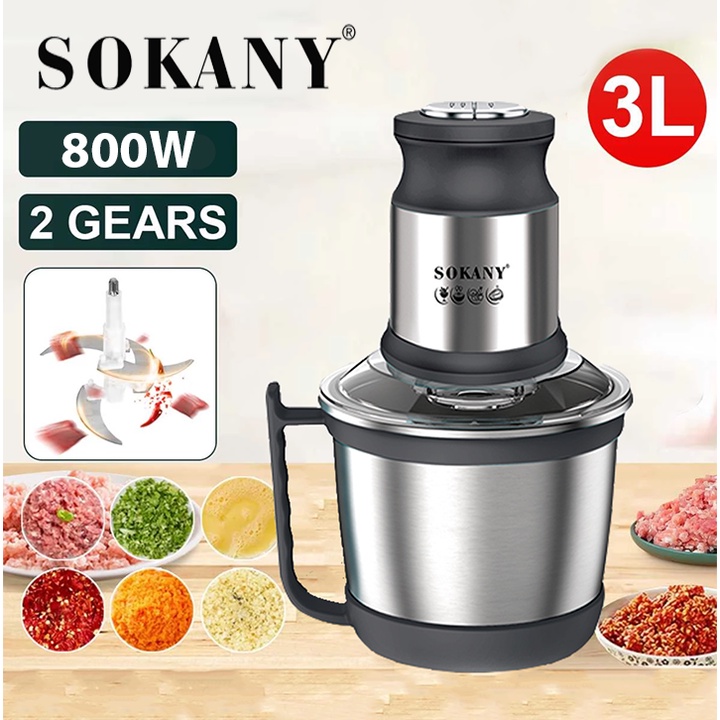 Máy Xay Thịt Cầm Tay SOKANY Cối Inox 3L Đa Năng 4 Lưỡi Công suất 800W Xay Cua Cá, Tỏi Ớt, Rau Củ Quả