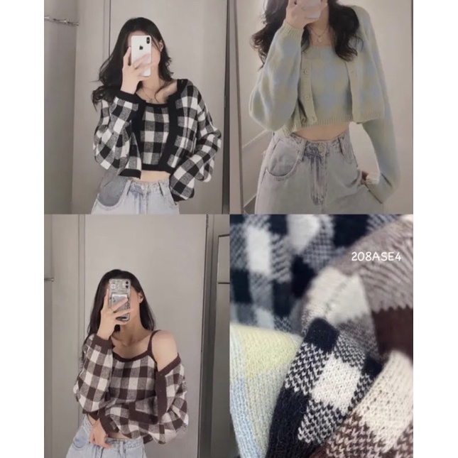 Set cadigan len kèm bra len 2 dây kẻ caro dáng croptop - 208AS4