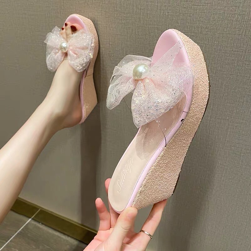 Dép đế xuồng nhũ quai trong suốt đính nơ 8 - 12 cm, hàng cao cấp