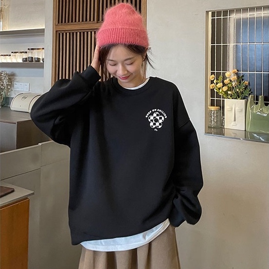 Áo nỉ ZHELIHANGFEI tay dài dáng rộng họa tiết in hoa dễ phối đồ thời trang