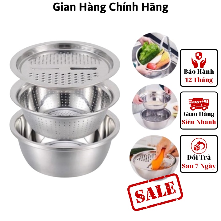 Bộ nạo rau củ 3 món bào Nhật Bản - Rổ nạo rau củ kiêm rổ và chậu inox cao cấp đa năng,tiện lợi dùng nhà bếp