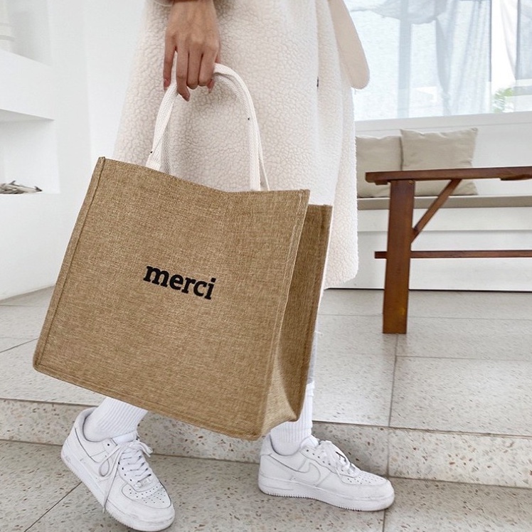 Túi Cói Đi Du Lịch Merci Sang Chảnh,Túi Cói Đi Biển- Có Lót và Khóa Kéo Bên Trong