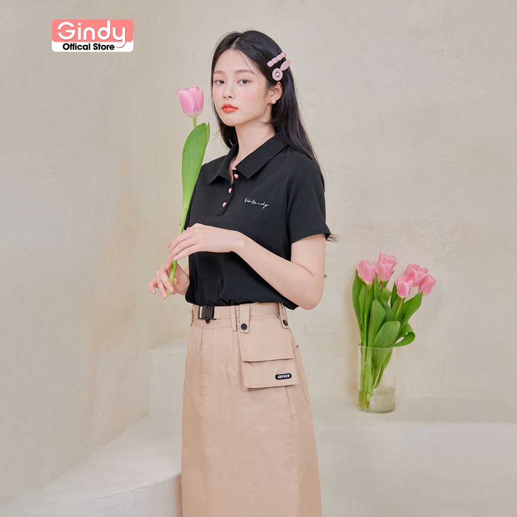Áo phông cotton nữ polo GINDY cúc trái tim ForGindy cổ bẻ tay lỡ basic form vừa unisex vải cotton thoáng mát A8109