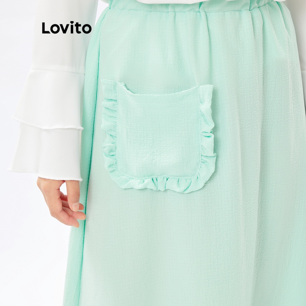 Chân váy Lovito vải dệt dáng rộng xếp nếp màu trơn đơn giản L26ED077 (màu xanh lục nhạt)