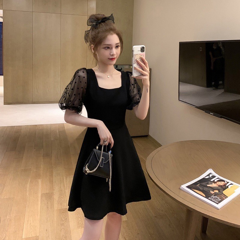 MS116 Váy đầm xoè chiết eo tay phối voan xinh xắn