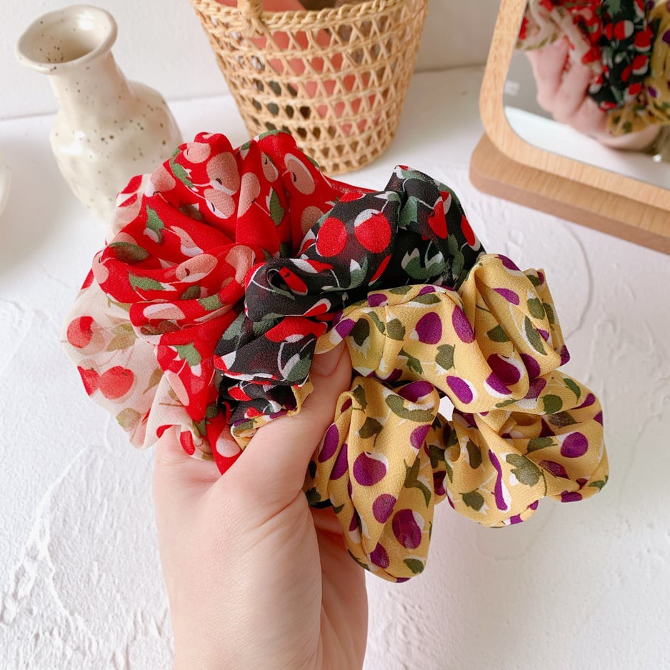 Dây buộc tóc vải scrunchies vải voan họa tiết trái táo