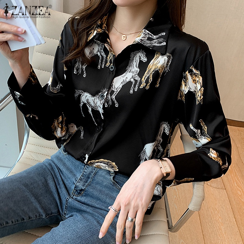 Áo sơ mi nữ ZANZEA tay dài cổ trễ in họa tiết độc đác phong cách Hàn Quốc