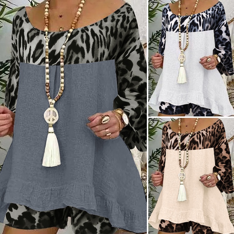 Bộ áo ZANZEA tay 3/4 in họa tiết da báo phối quần ngắn thời trang cho nữ