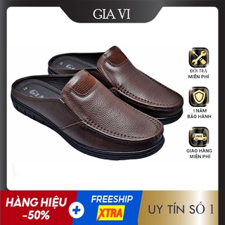 Giày sục nam da bò nâu phối vải gia vi - gn27