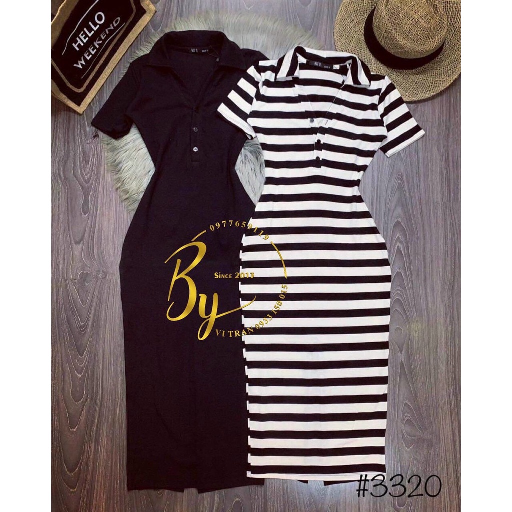 Đầm body dáng midi xẻ sau xinh sexy cổ V sọc ngang MK55