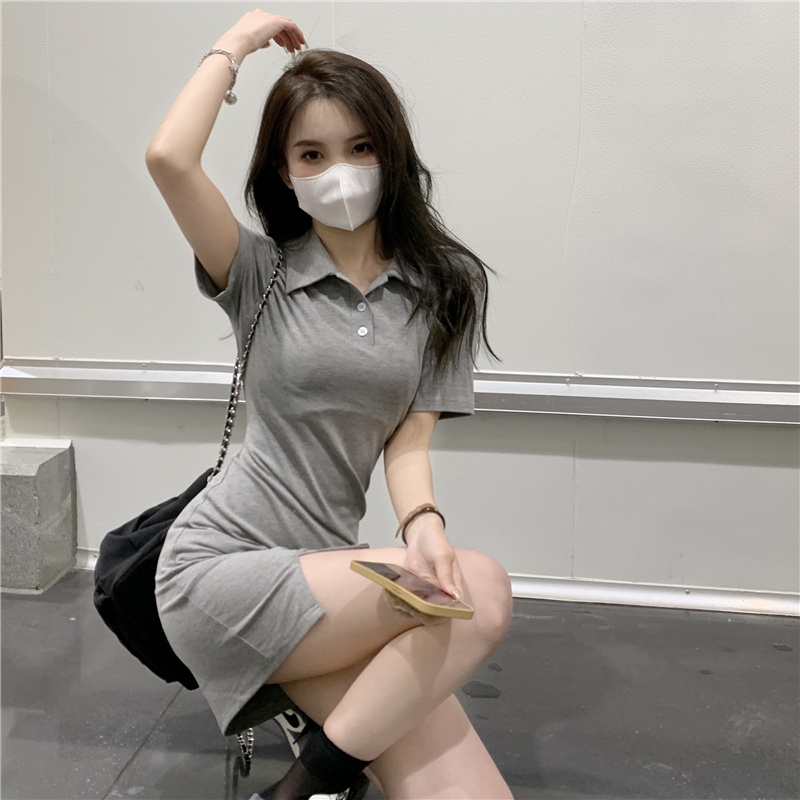 Đầm Xiaozhainv cổ polo màu đen dáng ôm trẻ trung quyến rũ dành thời trang cho nữ