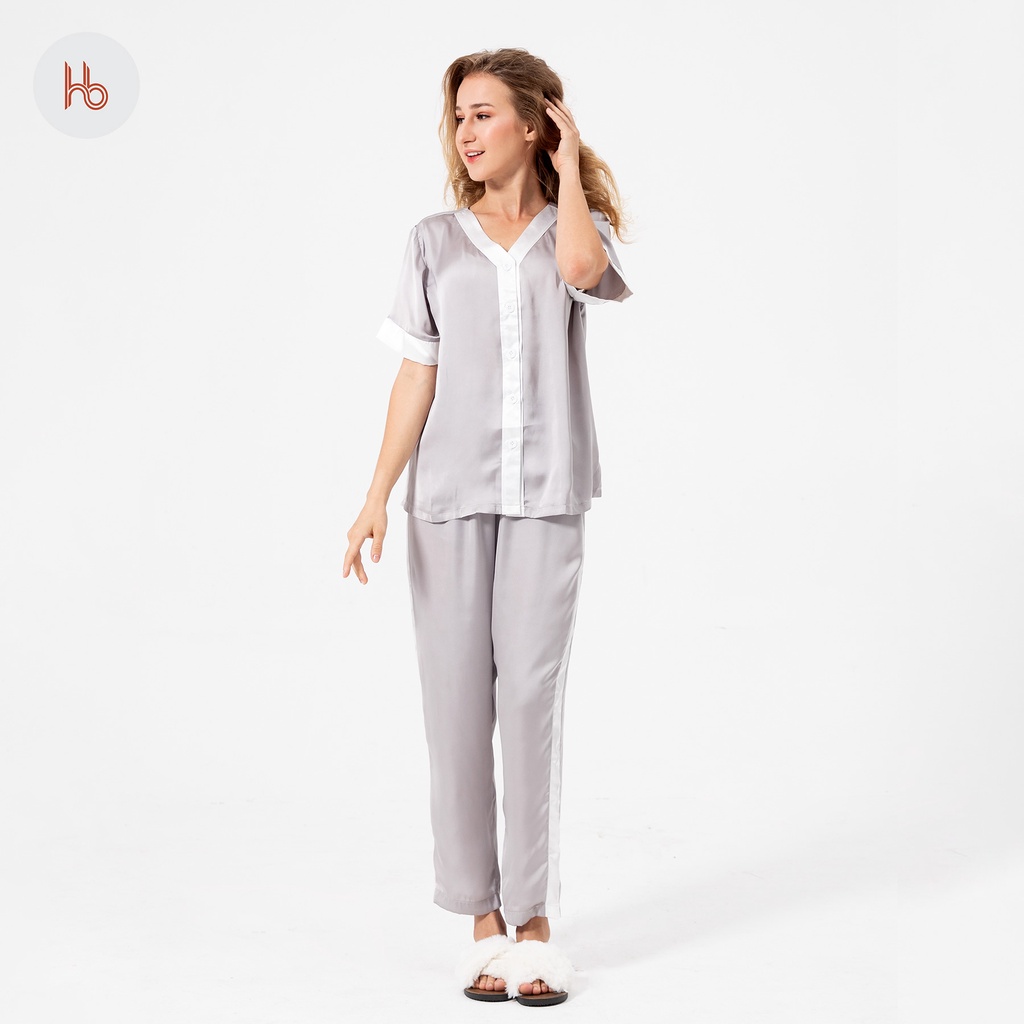 Set đồ bộ dài tay ngắn mặc nhà phối trắng cách điệu Hibi HB105 - Quần có túi