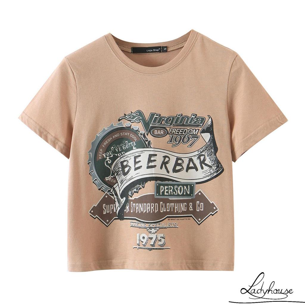 Áo thun tay ngắn cổ tròn in chữ phía trước phong cách vintage dành cho nữ