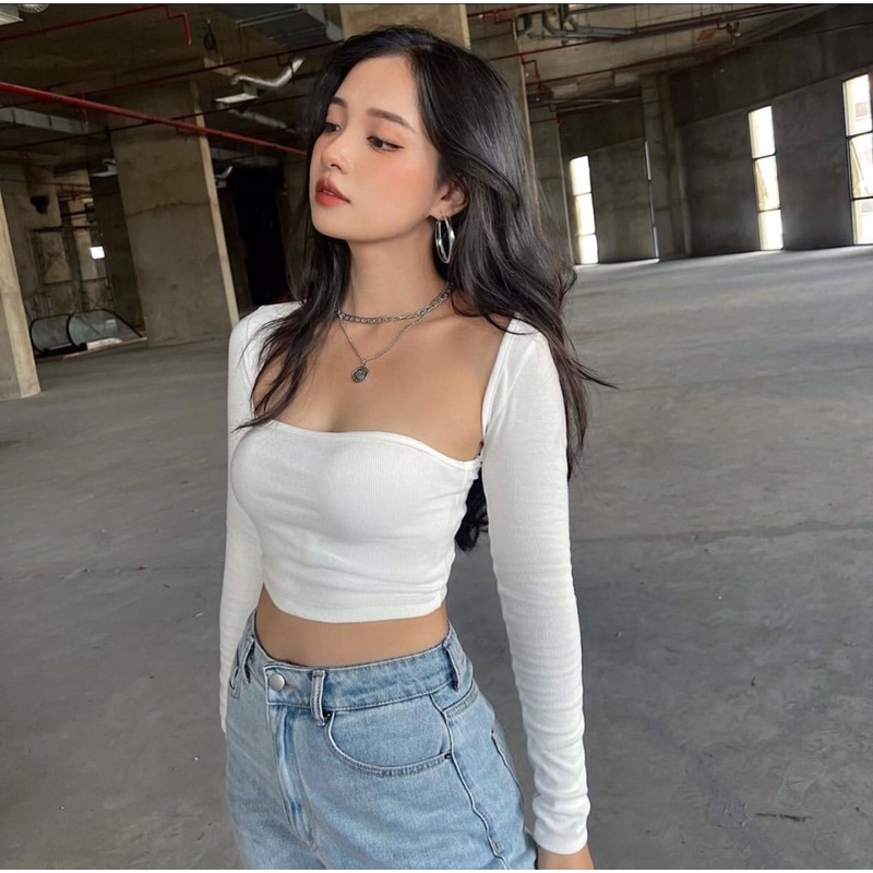 Áo Croptop Cổ Vuông Ôm Body Tay Dài Quyến Rũ