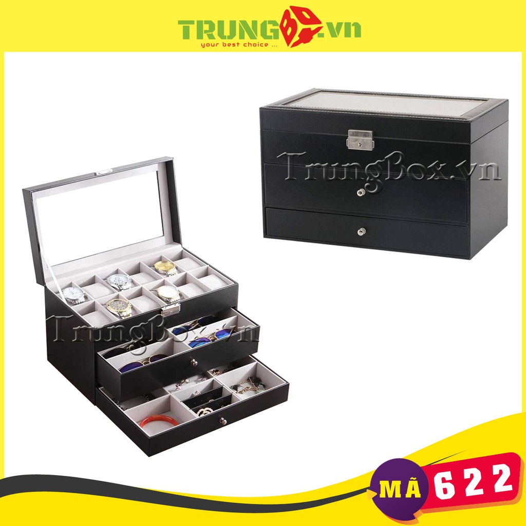 Hộp Đựng Đồng Hồ Trang Sức và Kính Mát 3 Tầng Vỏ Da - Mã 622