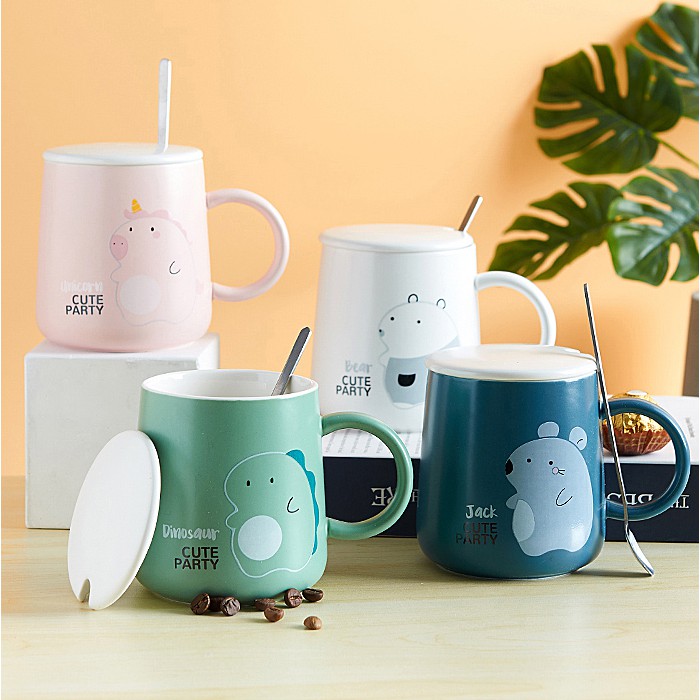 Ly sứ uống nước có nắp đậy 400ml dễ thương, cốc sứ có quai và thìa phù hợp làm quà tặng