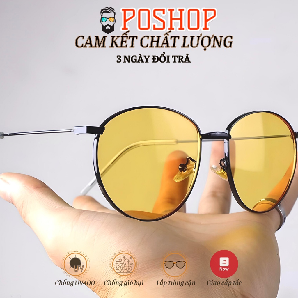 Mắt kính râm nam nữ POSHOP chống UV400 thiết kế mắt tròn gọng kim loại dễ đeo màu vàng thời trang đi đêm Baguette