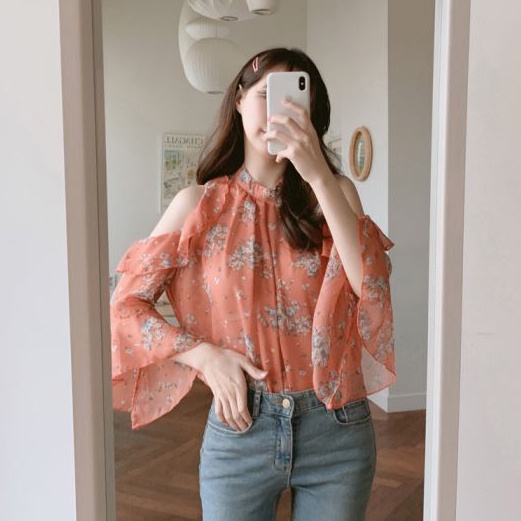 Áo chiffon Tay Loe Trễ Vai In Họa Tiết Thời Trang Mùa Hè Phong Cách Hàn Quốc Cho Nữ