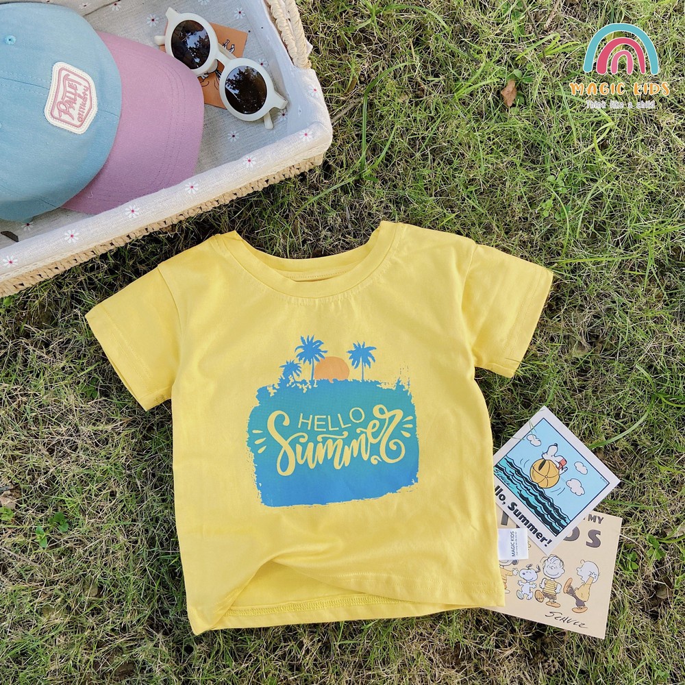 Áo thun cho bé cộc tay đi biển Hello Summer họa tiết dễ thương cho trẻ em Ao21005 - Magickids